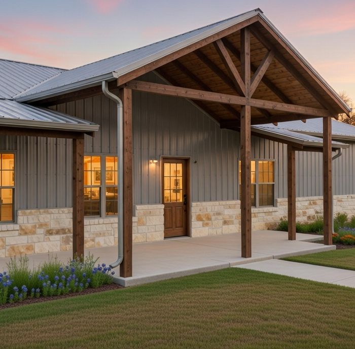 Barn House Co. barndominium at twilight